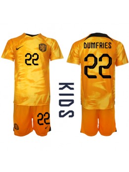 Billige Nederland Denzel Dumfries #22 Hjemmedraktsett Barn VM 2022 Kortermet (+ Korte bukser)